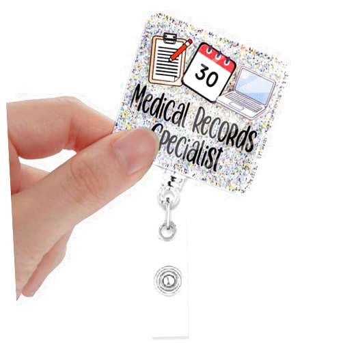 Xipromi Medical Records Specialist Badge Reels Retractable Glitter with Clip, Funny Badge Holder for Medical Records Tech Medical Technician, Healthcare Record Gift, Records Specialist Gift