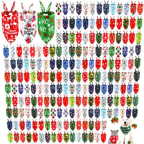 Kacctyen 200 Pcs Christmas Dog Bandana Bulk for Groomers Winter Holiday Triangle Bandanas with Christmas Patterns Soft and Adjustable Kerchief Scarf for Small Medium Large Dogs Cats Pets Grooming