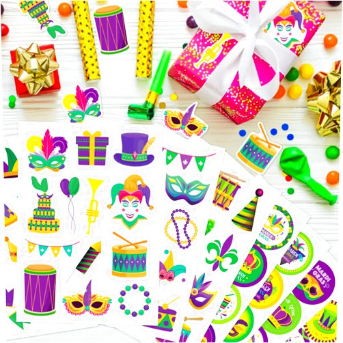 Xepeelo 16 Sheets Mardi Gras Gift Tag Stickers Self Adhesive Carnival Stickers Labels Gift Label Decals Mardi Gras Holiday Party Gift Tag Labels Carnival Gift Favor Decor Supplies