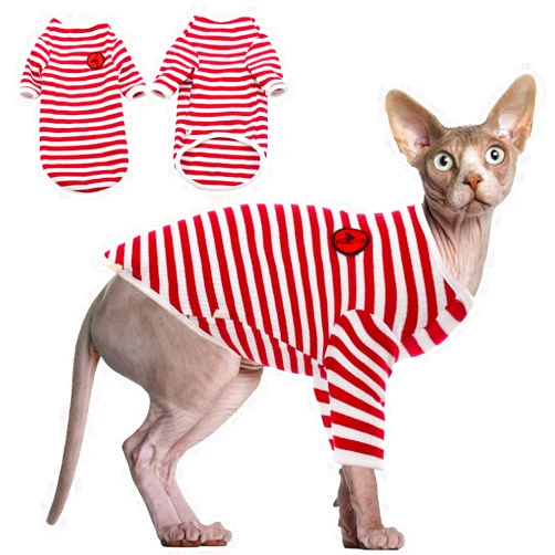 DENTRUN Hairless Cats Shirt Breathable Cat Daily Wear Clothes Stripe Vest Adorable Pajamas Jumpsuit Soft & Skin-Friendly