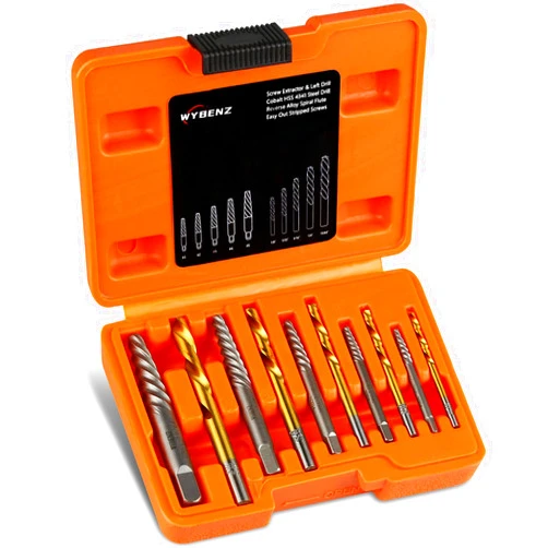 WYBENZ 10Pcs Screw Extractor and Left Hand Drill Bits Set, Bolt Remover Reverse Cobalt HSS Steel Drill Bit for Remove Stripped Screws and Broken Bolts