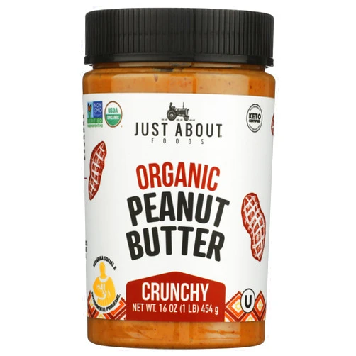 Just About Foods Organic & Keto Peanut Butter Crunchy 1 lb Gluten-Free, No Sugar Added, Palm Oil Free Single Ingredient, Unsweetened Peanut Spread