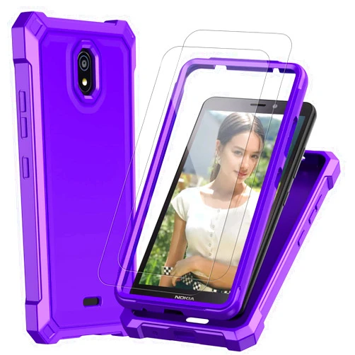 ALYBIT for Nokia C100 Phone Case & 2 PCS Tempered Glass Screen Protector,Nokia C100 Case Full-Body Durable Drop Proof Dual Layer Shockproof Soft Liquid Silicone Protective Phone Case for Nokia C100 -PURPLE