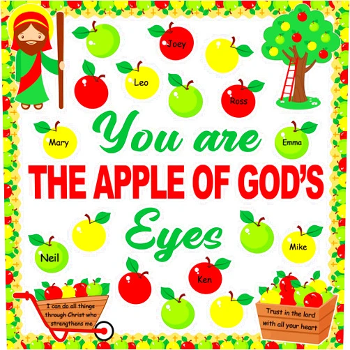 gisgfim Christian Jesus Bulletin Board Decoration Set Religious Apple Borders Cutouts Welcome back to school Decor Sunday School Classroom Door Party Craft Home Wall(You are The Apple of God’s Eyes)