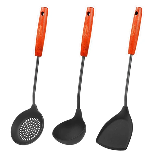 FJNATINH Silicone Wok Spatula,Ladle,Skimmer Ladle Tool Set,Non Stick Heat-Resistant Stainless Steel Cooking Utensils BPA Free Kitchen Utensils Cookware, Pack of 3,Black