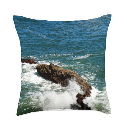 SasEz! Desyn Ocean Waves Crashing Against Rocks Throw Pillow, 18x18, Multicolor