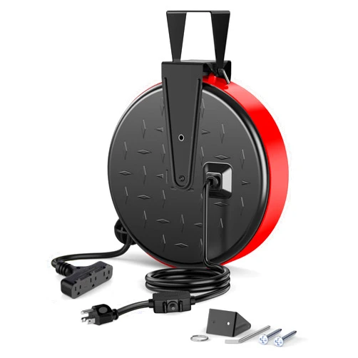 DEWENWILS 30 Ft Retractable Extension Cord Reel, Ceiling or Wall Mount 16/3 Gauge SJTW Power Cord with 3 Electrical Outlets Pigtail for Garage and Shop, 10 Amp Circuit Breaker, Metal Plate, UL Listed