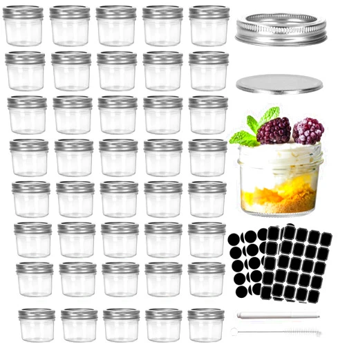CycleMore 4oz Clear Mason Jars Small Glass Jars With Silver Separable Lids Mini Canning Jars for for Honey, Jam, Jelly, Wedding Favors, Kitchen Food Storage, Set of 40