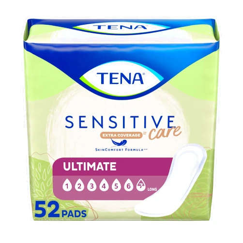 TENA Incontinence Pads, Bladder Control & Postpartum for Women, Ultimate Absorbency, Extra Coverage, Long, Sensitive Care, 52 Count