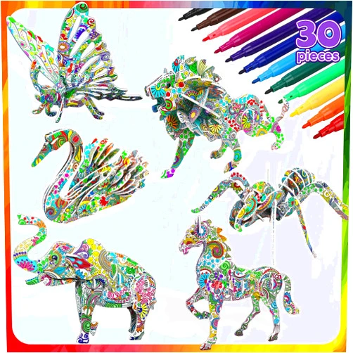 TOY Life 3D Coloring Puzzle Set - 6 Animals Puzzle with 24 Pen Markers Art Craft Coloring Painting Art Set for Girl 3D Puzzles for Kids Ages 7 8 9 10 11 DIY Art Craft Toys Gift for Girls Boy