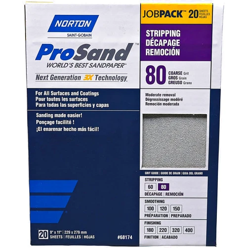 Norton St. Gobain ProSand 07660768174 Premium Sanding Sheet with Heat-Treated Abrasive, P80 Coarse Grit for Moderate Removal and Stripping, 9