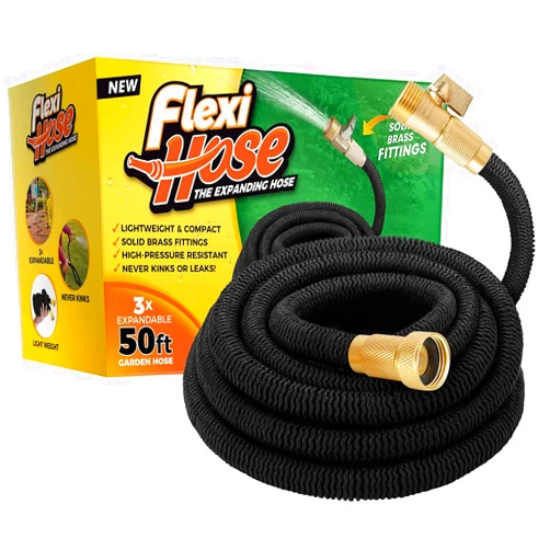 Flexi Hose Upgraded Expandable Garden Hose 50 ft Extra Strength 3/4 Solid Brass Fittings - The Ultimate No-Kink Flex 50 ft Water Hose (Black, 50FT)