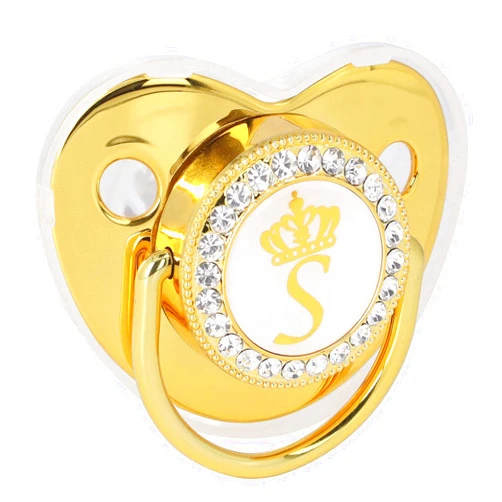 Drfeify Baby Pacifier,Rhinestone Night Pacifier with Chain Clip,Portable Exquisite Golden Crown Letter Cute Pacifier for Infant (S)