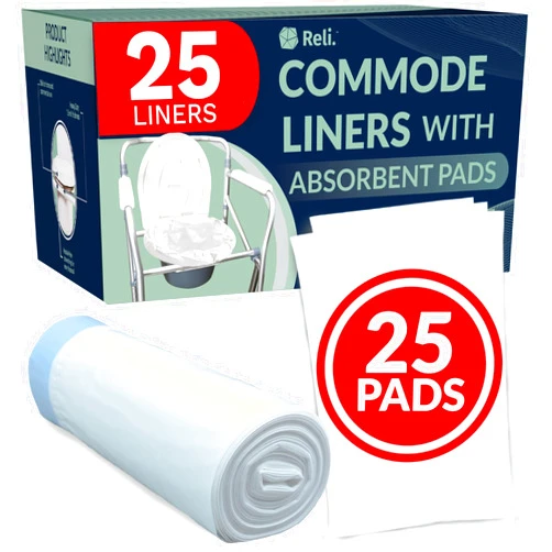 Reli. Commode Liners with Absorbent Pads (25 Pack) | 25 Liners, 25 Pads | Bedside Commode Liners for Bedside Toilet Chair Bucket | Commode Poop Bags | Disposable Bed Pad Liner/Waste Bags