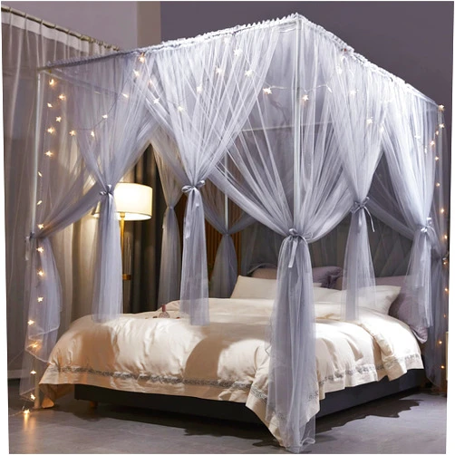 VETHIN 4 Corners Post Princess Bed Canopy Curtain Double Layer Cozy Drape Netting 4 Opening Mosquito Net for Girls & Adults Bedroom Decoration Accessories (Double Gray, 53