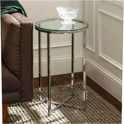 Walker Edison Cora Modern Glass Top Round Accent Table with X Base, 2 pack, Glass and Chrome