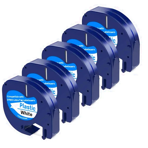 Camopro 5 x Black on White Label 12mm x 4m Compatible with Dymo Label Maker Refills 91331 (S0721660) Replacement DYMO LetraTag Refill Plastic 91331 for Dymo Letra Tag Label Maker LT100H LT100T QX50