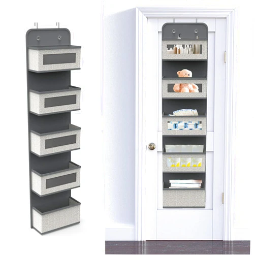 Domsanistor Over The Door Hanging Organizer with 5 Big Pockets, Wall Mount Fabric Back of Door Storage Organizer with Clear Window & Metal Hooks for Pantry Closet Diaper Dorm Nursery Bedroom