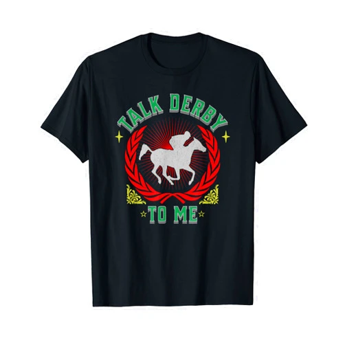 BizzyflyUSA Talk Derby To Me Bold Jockey and Horse Racing Fan T-Shirt