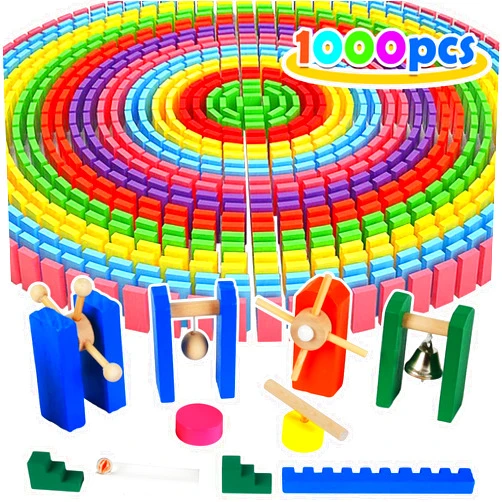 CALIDIA 1000 Piece Dominoes Set for Kids with Extra 20 Blocks, Colorful Dominos Tiles for Building, Stacking, Racing, Tumbling, Wood Domino with Storage Bag and Box
