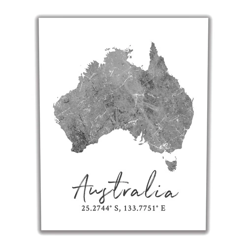 WESTBROOK DESIGN STUDIO Australia Map Wall Art Print - 8x10 Silhouette Decor Print with Coordinates. Makes a Great Australian Country-Themed Gift. Shades of Grey, Black & White.