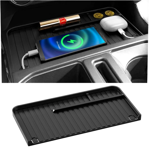 DAZANZAN Center Console Organizer Tray for Ford F150 Accessories 2021-2025 & F150 Lightning XLT Accessories 2022-2024 [Two USB Hole/Double Layers] Only Fit Front Shifter Open Pocket Organizer Black