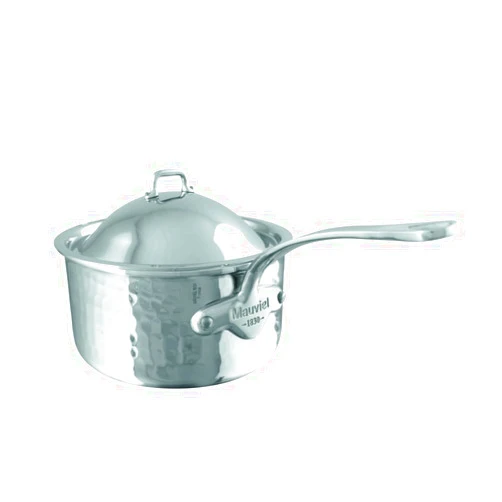 Mauviel M'Elite 5-Ply Hammered Polished Stainless Steel Sauce Pan With Dome Lid, And Cast Stainless Steel Handles, 1.8-qt, Made in France
