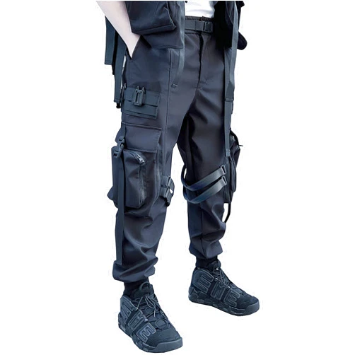 MOKEWEN Men's Streetwear Straps Harem Punk Cargo Ninth Pants with Big Multi Pockets Elastic Waist W 29-30