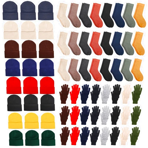 Hillban Winter Beanie Hat Gloves Set with Warm Socks Bulk, Homeless Knitted Beanie Cap Thick Thermal Winter Gloves Socks Pack