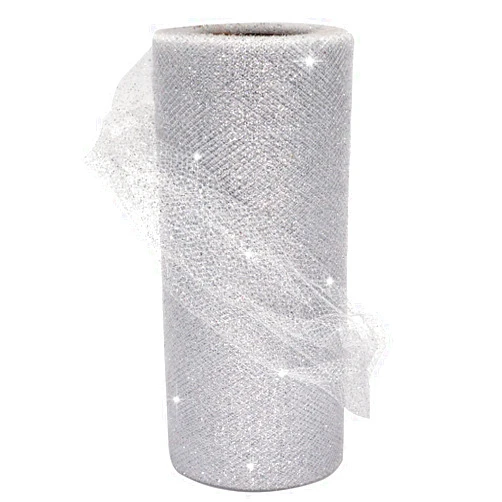 Ableme Deco Silver Glitter Tulle Fabric Rolls, 6 Inch by 25 Yards (75 feet) Ribbon Spool Sparkle Sequin Tulle for Tutu Gift Wrapping Wedding Bow Decoration Party Supplies (Silver)
