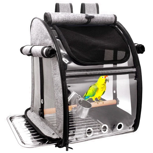 Autokcan Bird Carrier Bag with Perch, Bird Travel Carrier Backpack with Stainless Steel Plate and Mesh, Portable Transparent Bird Travel Cage with Feeder Cups for Small Birds Parakeet Parrot