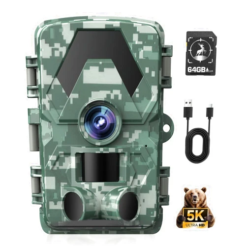 EBXDW Trail Camera, 5K 60MP Game Camera with 130°Wide-Angle, IP66 Waterproof Night Vision with No Glow Infrared LEDs, 0.05s Trigger Motion Activated for Wildlife Camera