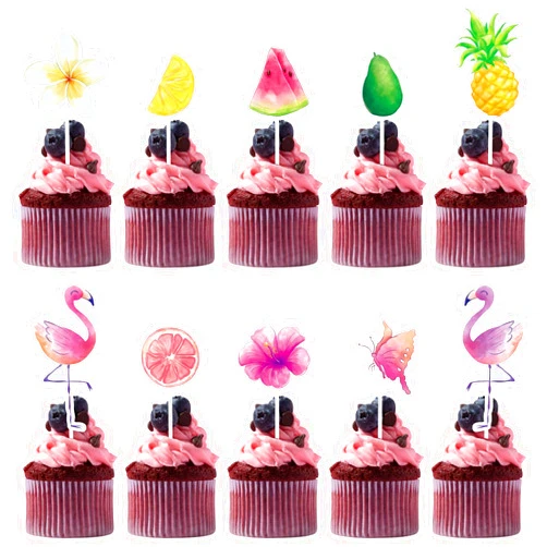 WERNNSAI 40PCS Flamingo Cupcake Toppers Hawaiian Flamingo Cupcake Picks Tropical Aloha Luau Cake Toppers Party Decorations for Girls Kids Birthday Baby Shower Beach Pool Party Supplies