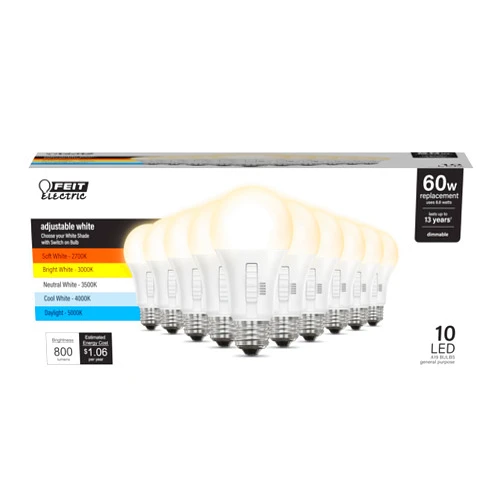 Feit Electric A19 LED Light Bulb, 60W Replacement, Dimmable, Selectable Color Temperatures (2700K-5000K), 800 Lumens, General Purpose Light Bulbs, 15,000-Hour Lifetime, OM60DM/5CCTCA/LED/10, 10 Pack