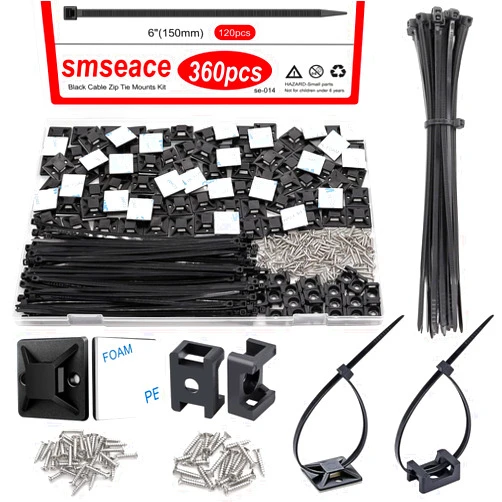 smseace 360Pcs Strong Back-Glue Self Adhesive Black Cable Zip Tie Mounts Kit with 6