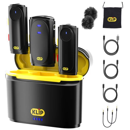 KLIP 5 in 1 Wireless Lavalier Microphone in Charging Case [ Professional Lav Mic for iPhone, Android, iPad, Camera, MacBook, DSLR Camera, iMac, PC, GoPro ] Podcast/Vlog/Stream/Record