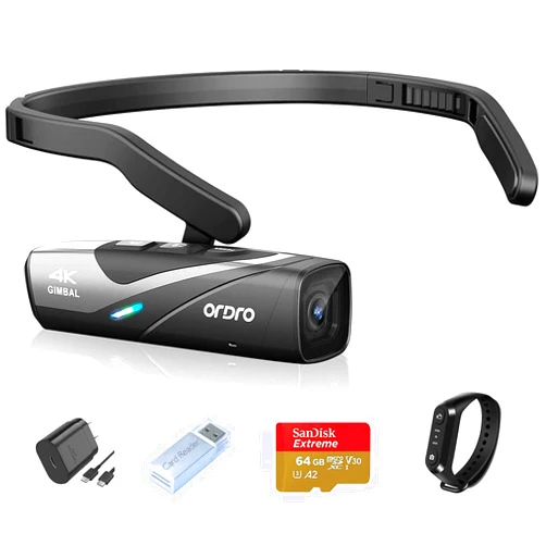 Ordro EP8 4K Head-Mounted Video Camera, Ultra HD 4K 60FPS Camcorder Vlog Hands Free Wearable Camera, Has 2-Axis Gimbal Video Stabilizer, Wi-Fi APP, Auto Focus with Remote Control，64G Micro SD Card