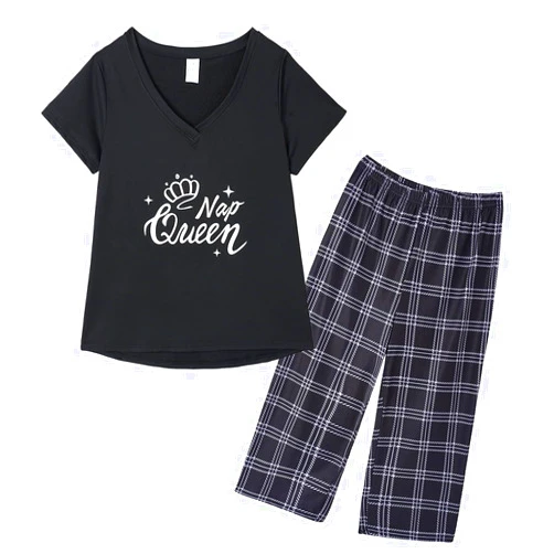 YIJIU Women Soft Comfy Pajamas Cute Cat Short Sleeve Capri Pants PJS Set