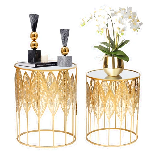 Homebeez End Tables Set of 2, Gold Nesting Side Coffee Table Decorative Round Nightstands (Stainless Steel Top)