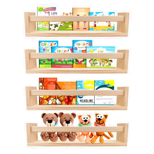 Birola Nursery Book Shelves Set of 4,Wood Floating Nursery Shelves for Wall,Wall Bookshelves for Kids，Bathroom Decor, Kitchen Spice Rack (Set of 4)