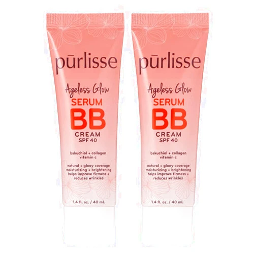 pūrlisse Ageless Glow Serum BB Cream SPF 40 | Full & Flawless Coverage, Hydrates with Collagen - Medium Warm (2 Pack)