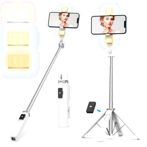AMIR 40” Selfie Stick Quadrapod, Extendable Selfie Stick with Wireless Bluetooth Remote & Fill Light, 3 Light Modes, 9 Brightness Levels, Compatible with All iPhone & Android Devices