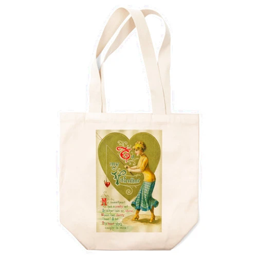 Lantern Press To My Valentine Woman Fishing with Heart Bait Scene, Vintage Holiday Art (100% Cotton Canvas Reusable Tote Bag)
