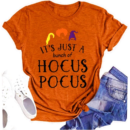 DESFSE It's Just A Bunch of Hocus Pocus T-Shirts for Women Sanderson Sisters Shirt Halloween Movie Graphic Fall Tee Tops