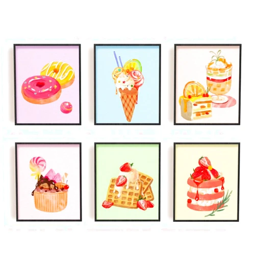 SUPERDANT Wall Art Set of 6 Unframed Canvas Prints, Dessert Poster, Ice Cream, Cake, Pink Modern Art, Girls Bedroom Decor, 20x25cm