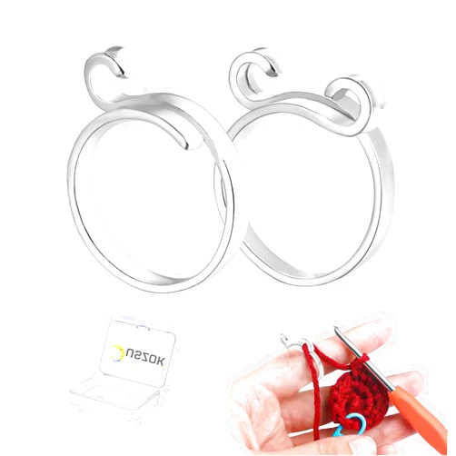 Juszok Adjustable Crochet Ring for Finger,Braided Knitting Ring with Plastic Box Yarn Tension Rings for Crocheting Knitting Accessories 2 Styles Silver