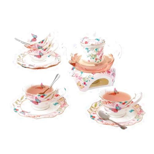 YBK Tech Bone China Coffee Pot Teapot Cup& Saucer Set with Warmer and Tea Infuser - Butterflies Design (Tea for 4)