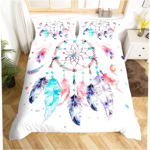 Feelyou Dreamcatcher Duvet Cover Boho Dream Catcher Bedding Set Bohemian Style Comforter Cover for Girls Children Women Bedroom Decor Floral Flowers Hippie Feather Bedspread Cover Twin Size 2Pcs