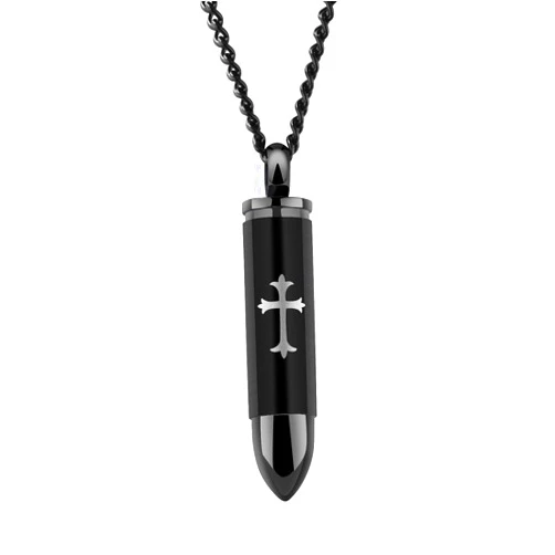 NewZenro Mens Black Cross Pendant Stainless Steel Religious Bullet Urn Ashes Memorial Keepsake Necklace Chain for Men Women Prayer Jewelry