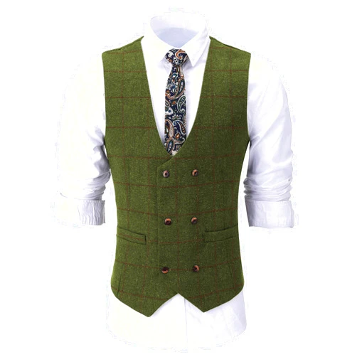 Lovee Tux Men‘s Plaid Tweed Vest Vintage Double Breasted Waistcoat Wool Groomsmen Suits Vest for Wedding